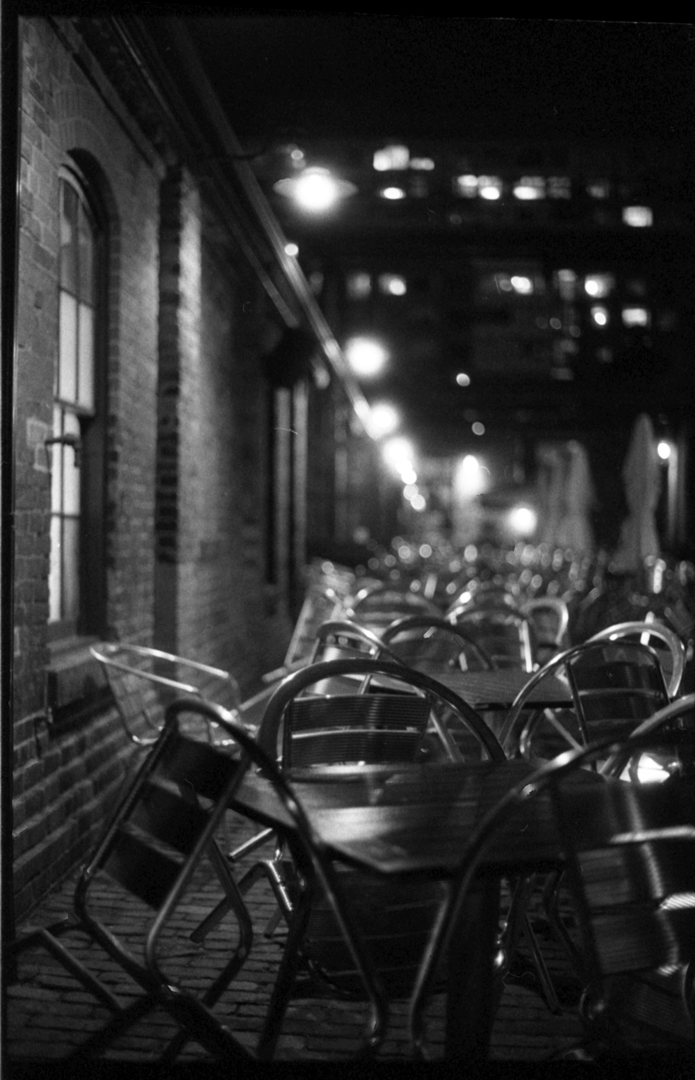   Toronto Distillery District at night; Pentax Spotmatic F, Super Takumar 50 f/1.4, Ilford Delta 3200 @ ISO 3200  