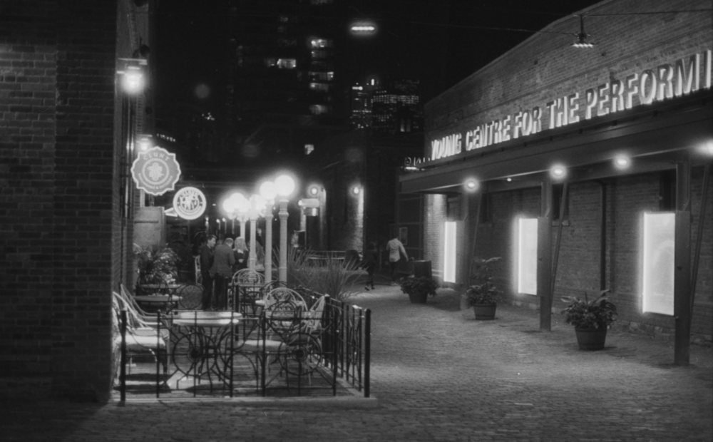   Toronto Distillery District at night; Pentax Spotmatic F, Super Takumar 50 f/1.4, Ilford Delta 3200 @ ISO 3200  