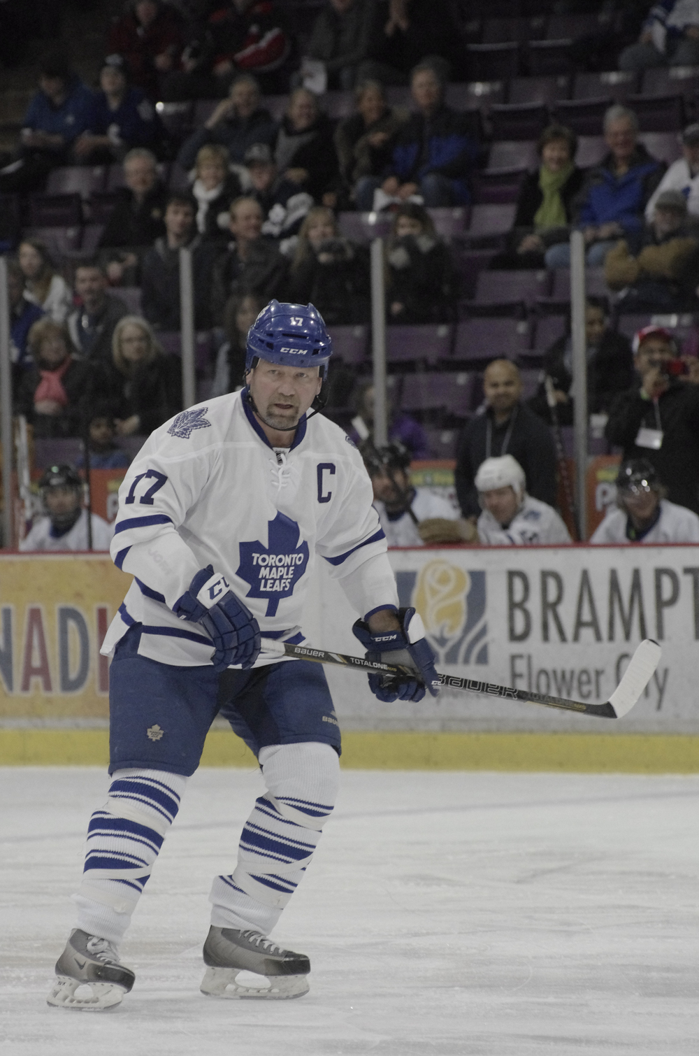  NHL alumnus Wendel Clark glances towards his teammates on the bench at a charity game at the Powerade Centre in Brampton, ON. &nbsp;As published in Snapd Brampton, March 2015. 