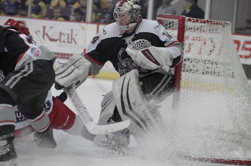  The Brampton Beast's goalie, Trevor Cann, guards the net in a game against the Elimra Jackals at the Powerade Centre in Brampton, Ontario, on January 25, 2015. &nbsp;As published in Snapd Brampton, March 2015. 