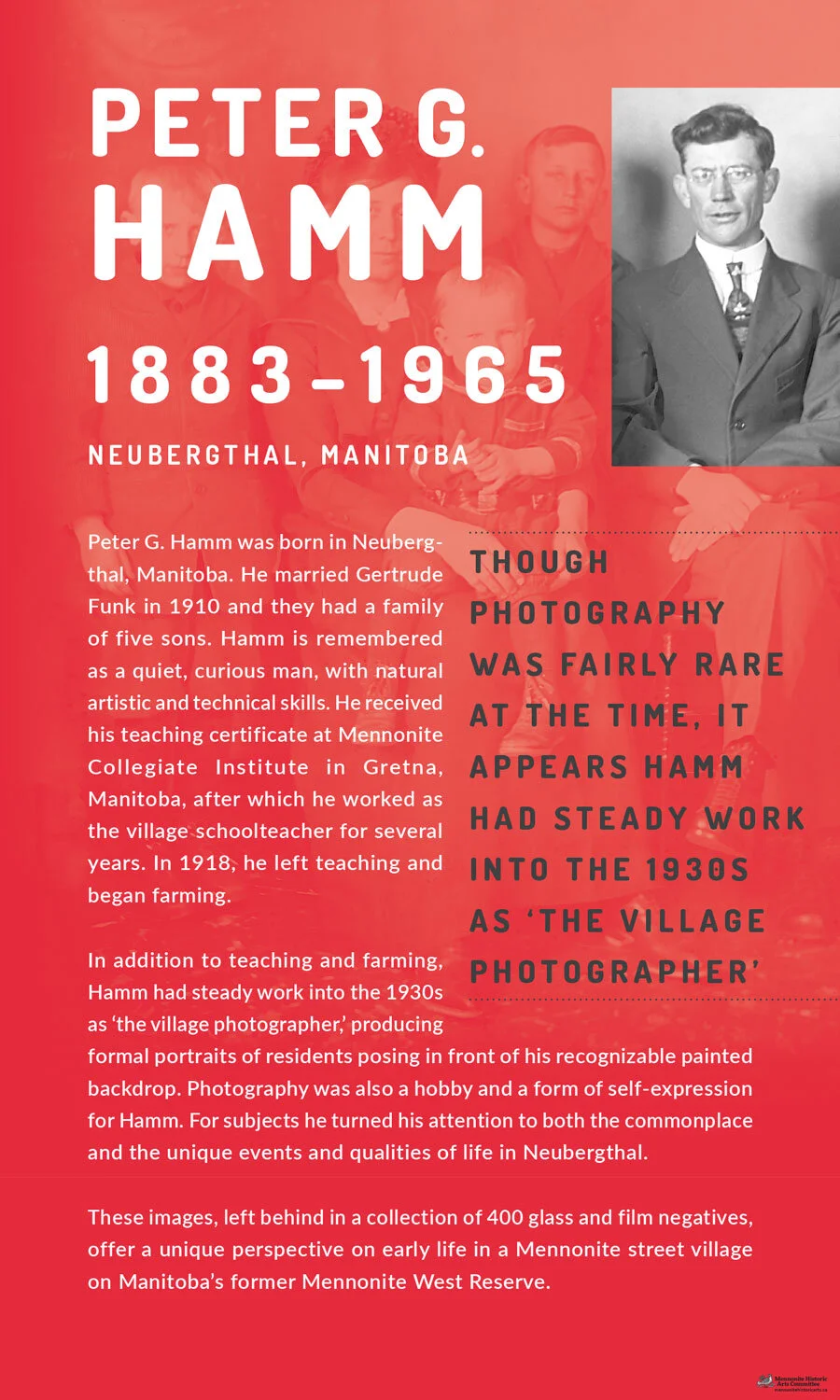 To contrast with the black and white display, colourful interpretive panels were created introducing each of the four photographers.