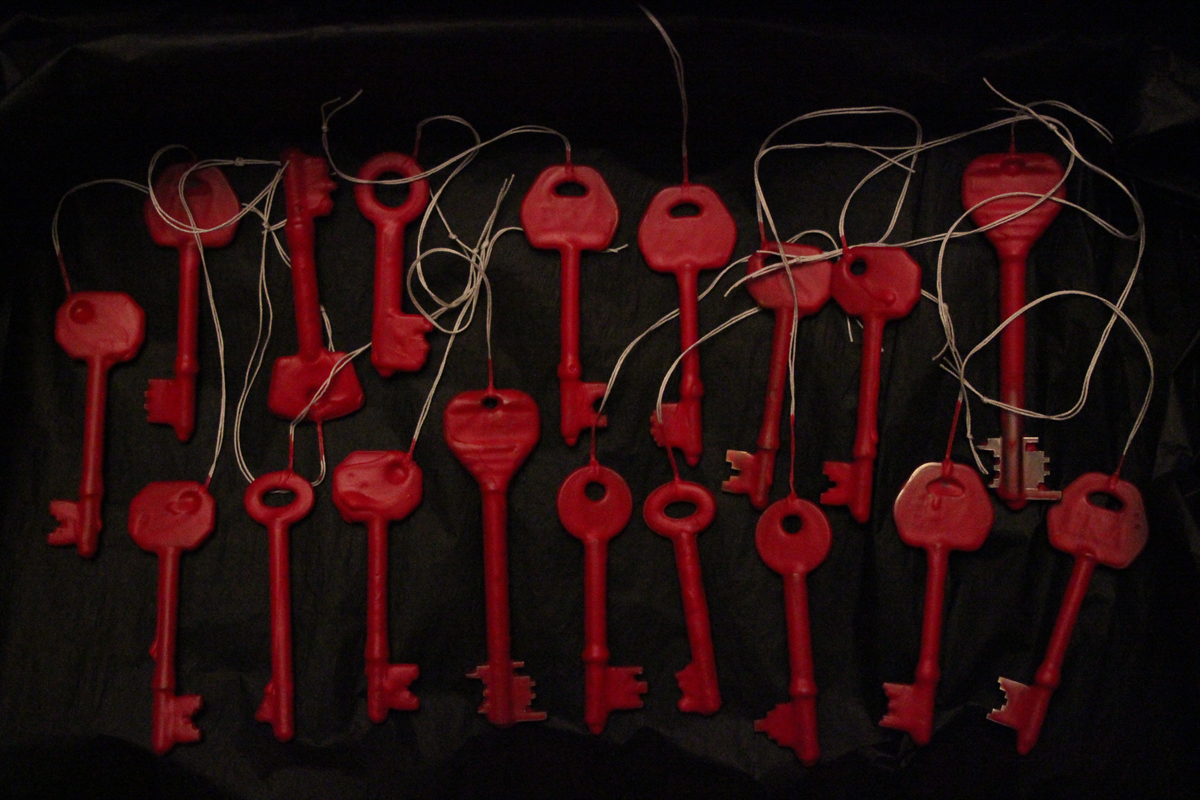 Some of the 72 red keys prepared for placement in DCU.