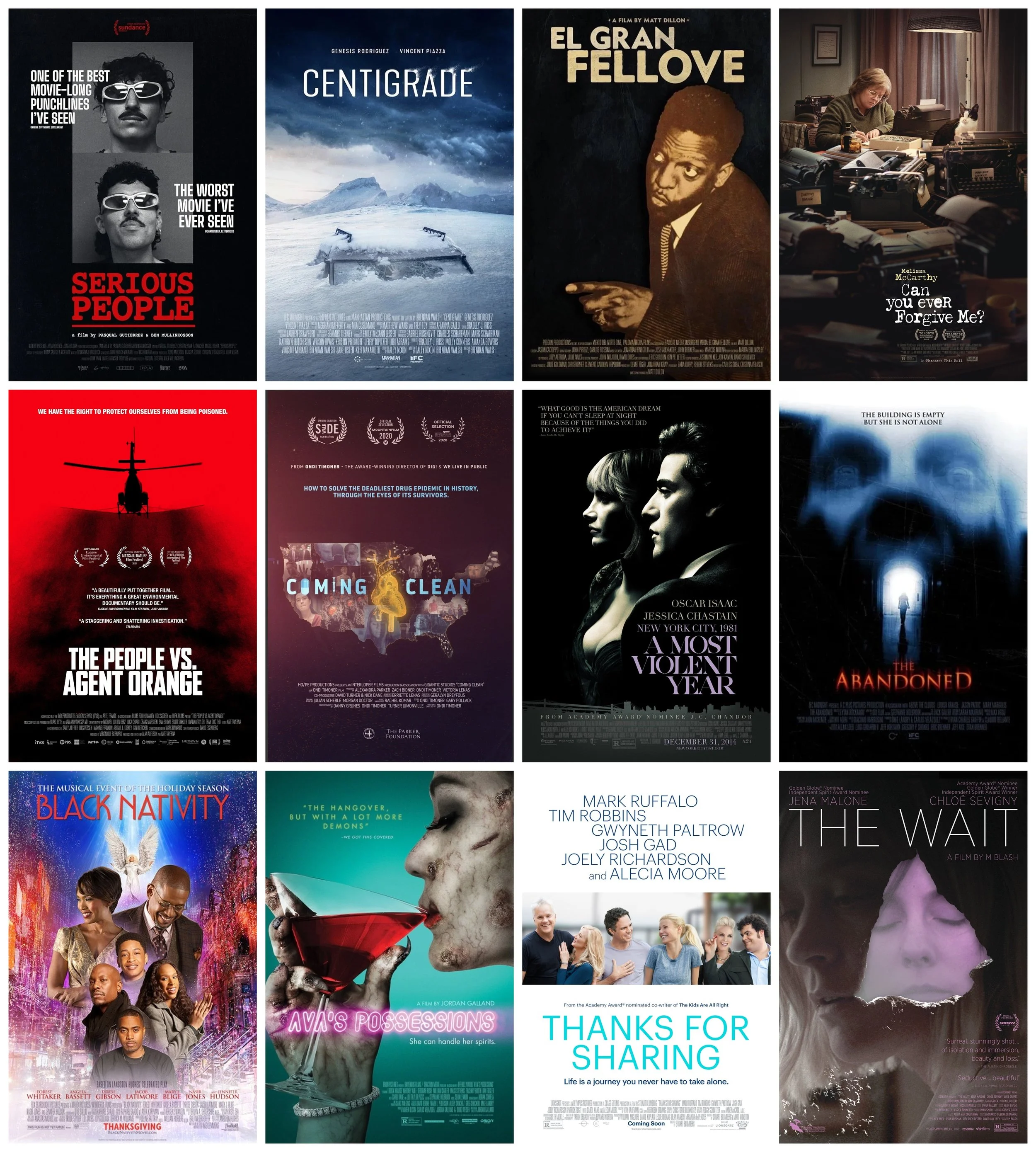 Posters of films NYC colorist T.J. Seiler worked on, including A Most Violent Year, Serious People, Centigrade and Thanks for Sharing