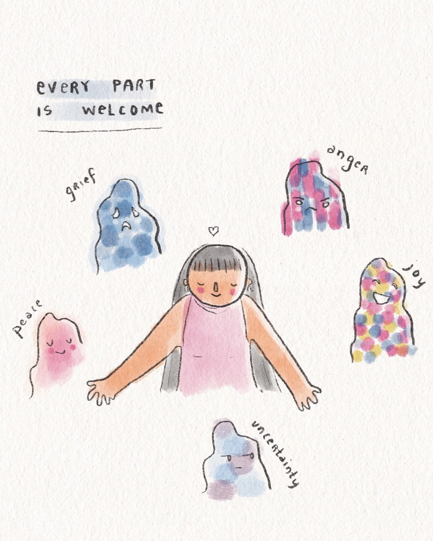 Welcoming it all. &hearts;️🫶🏼👹⁣
⁣
A reminder for you today of how all parts of us are welcome at the table,⁣
Every emotion has its place.⁣
⁣
As Rumi said -⁣
&lsquo;Greet them at the door laughing and invite them in &hellip;⁣
For each has been sent