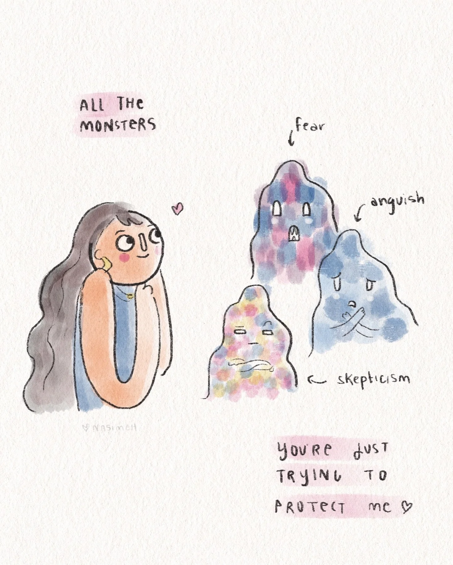 Everyone is welcome. &hearts;️⁣
⁣
So much shifts when we make the decision to see all our emotions as just doing their part - ⁣
Doing their best to protect us, care for us, keep us safe.⁣
⁣
None of them are bad. They may get out of wack, triggered, o