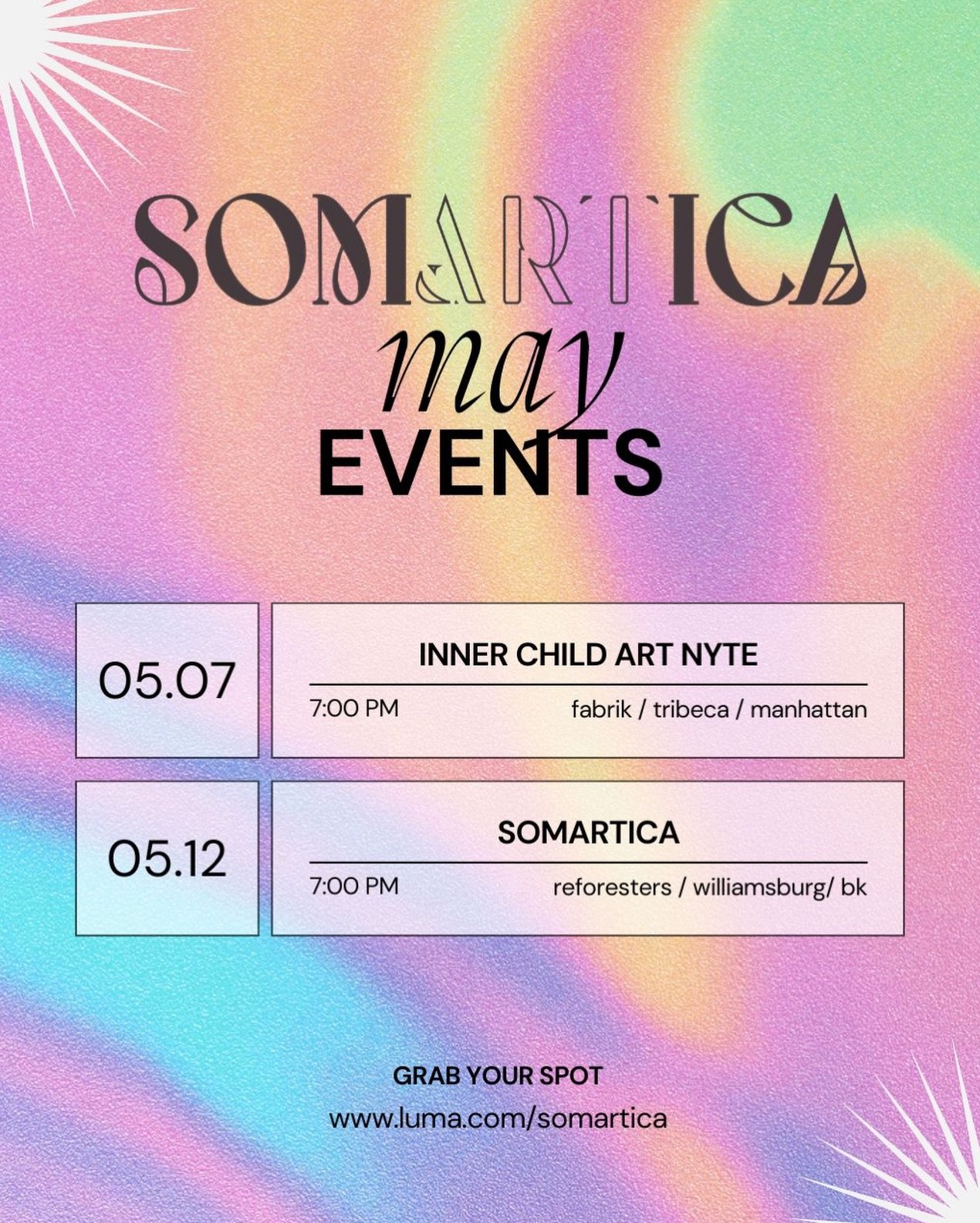May events, bbs! 🌞 ⁣
⁣
Two chances to play this month:⁣
⁣
🧒🏻 Inner Child Art Nyte⁣
📆 Thursday, May 7⁣
📍 ⁣@fabriksocialspaces
⁣
&amp;&amp;&amp;⁣
⁣
🌀 Somartica⁣
📆 Tuesday, May 12⁣
📍 ⁣@reforesters.io
⁣
This is part of @communityweek.nyc 🌼
⁣
Bot