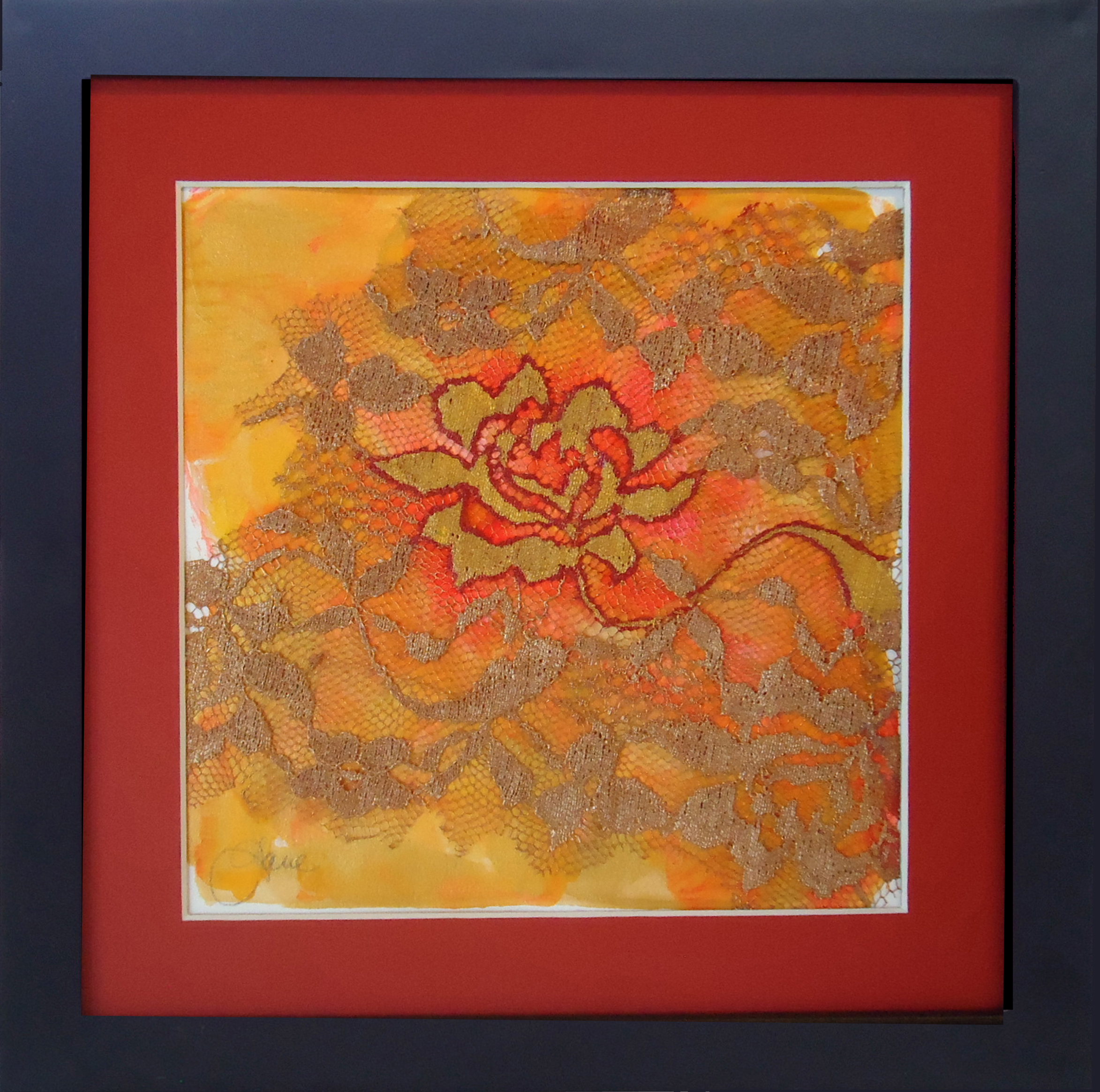 "Gilded Rose" framed monoprint, 8"x8" 