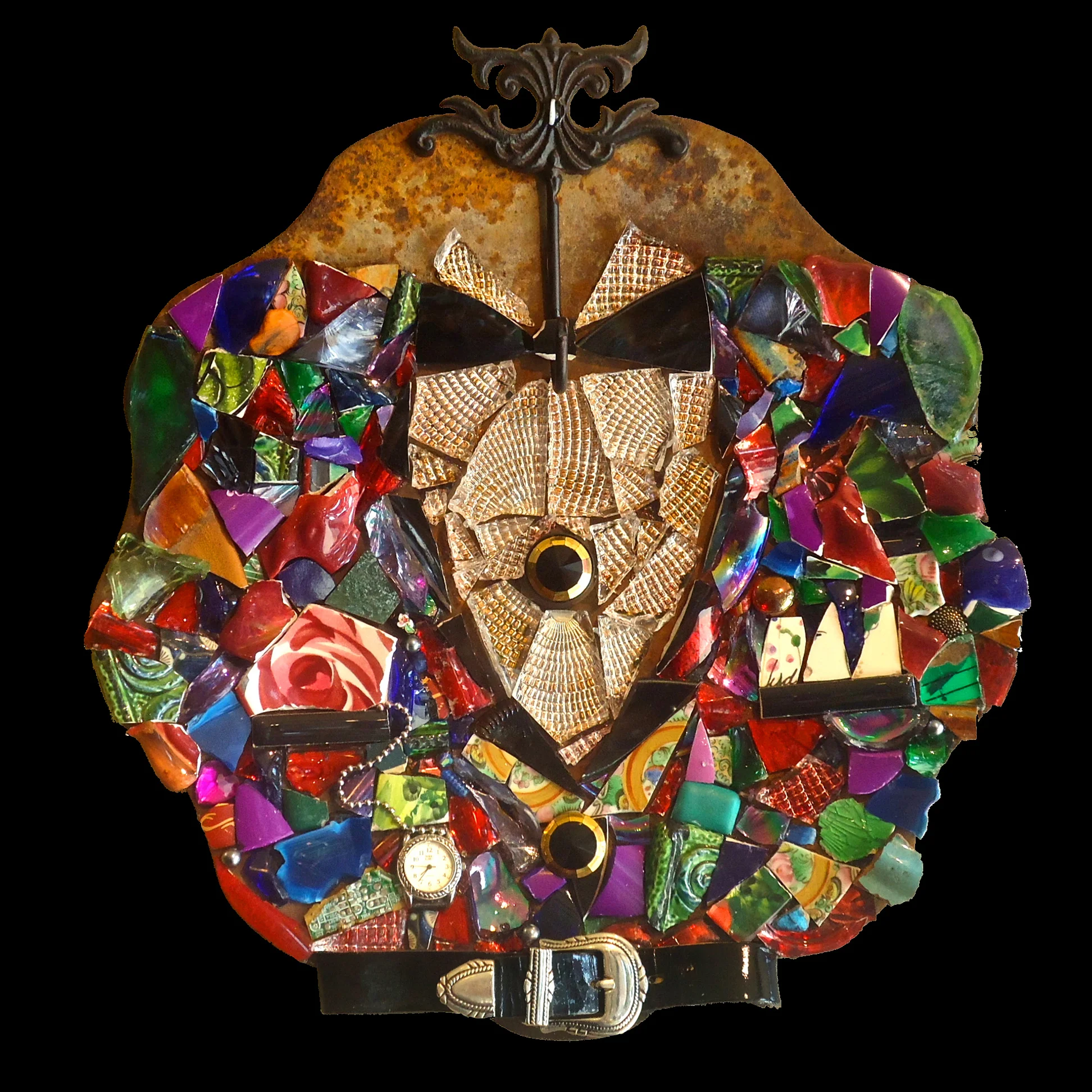 "Looking Sharp, Mister" tile, glass, found objects mosaic on metal, 14" in diameter