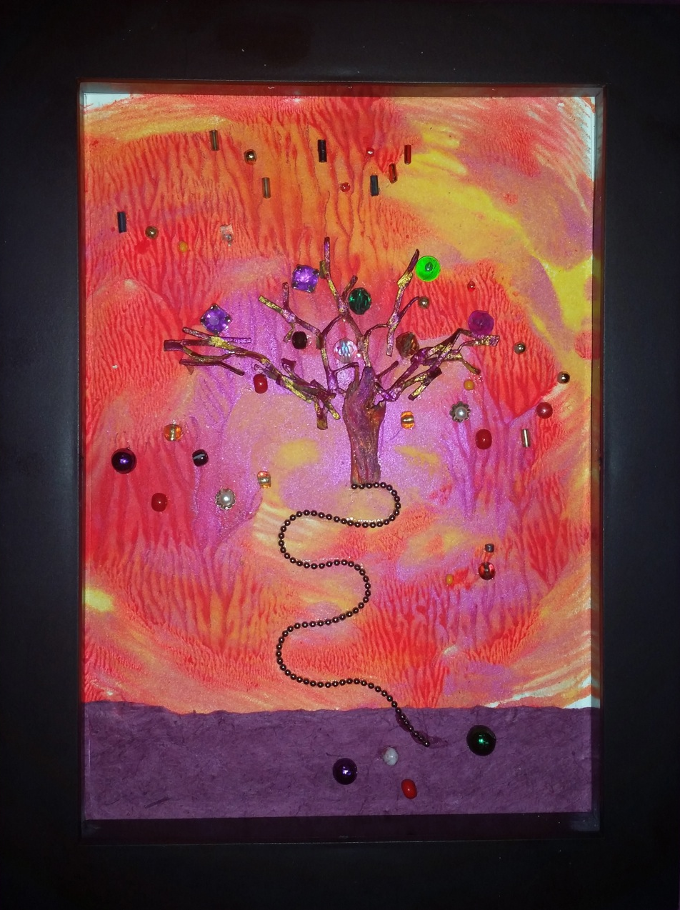 "Gumdrop Trees" framed mixed media monoprint, 5"x7" 