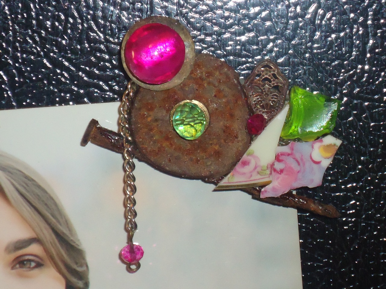 "China Roses on a Nail " mixed media refrigerator magnet, approx. 2" x 3" 