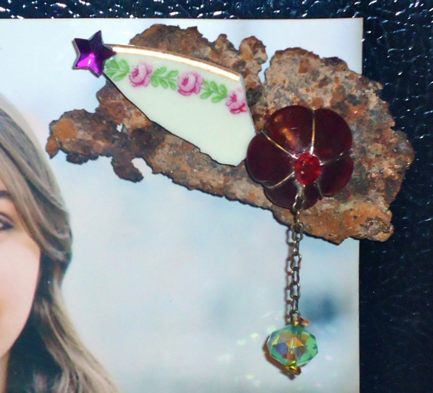 " Hanging Crystal, Shooting Star " mixed media refrigerator magnet, approx. 2" x 3" 