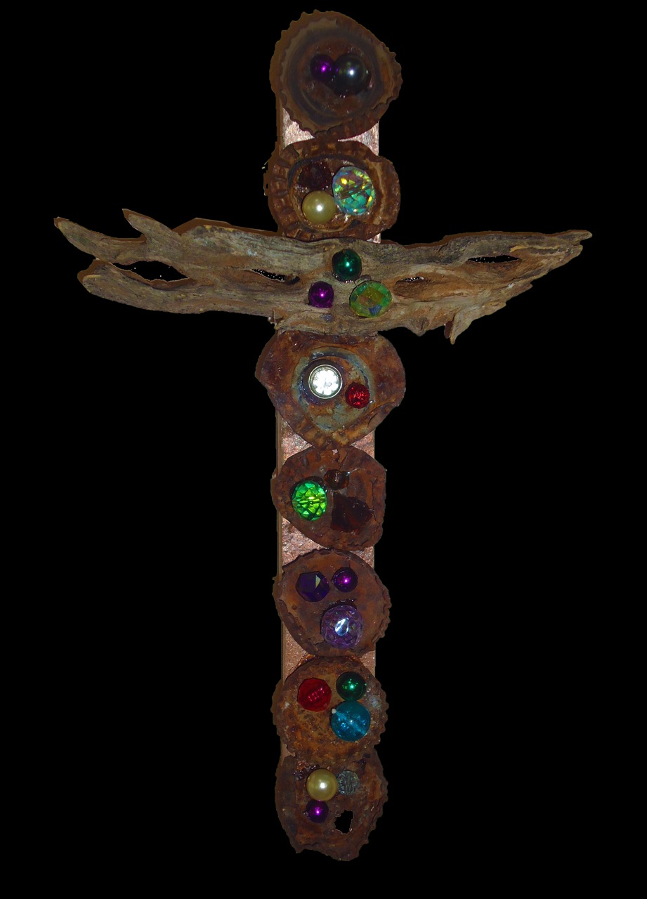 "Bottle Cap Cross with Cholla" mixed media, 8.25" h x 5.5" w x 1.25" d 