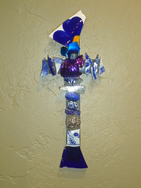 "Blue China Cross" mixed media, 9"h x 5"w 