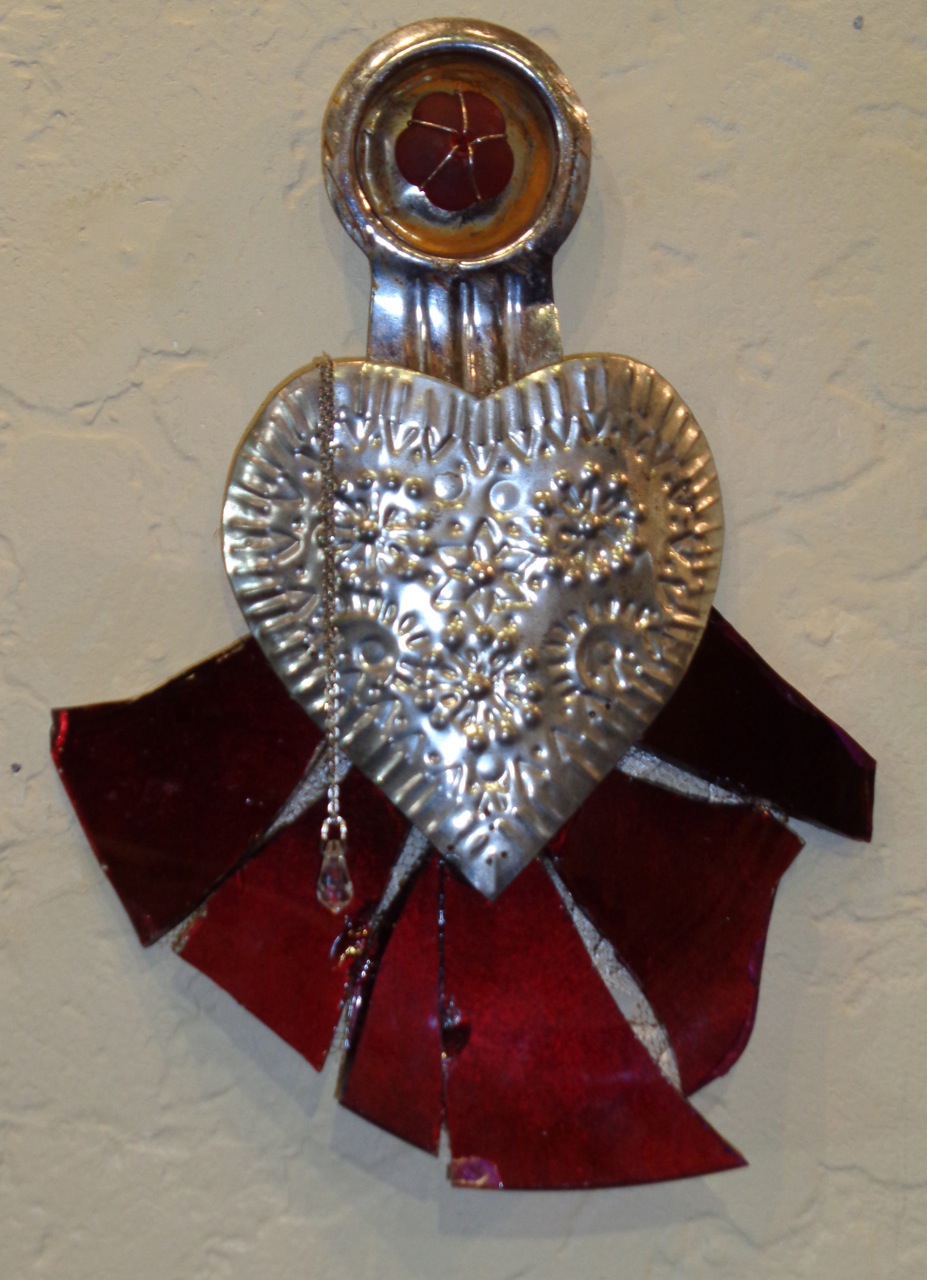 "Angel of Broken Hearts" glass, metal, lace & found objects, 10"h x 10"w 