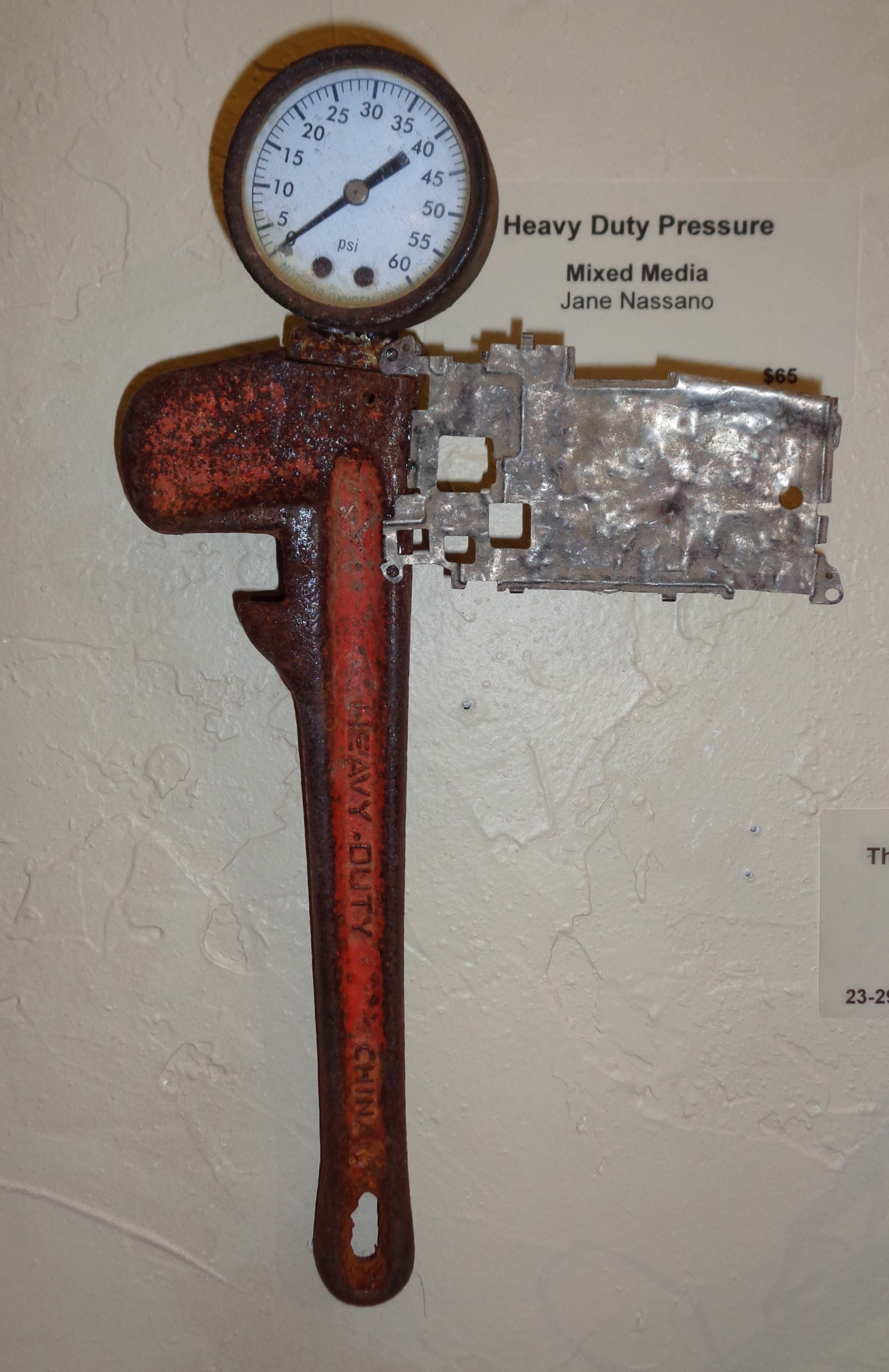 "Heavy Duty Pressure" mixed media, found object, 11"h x 6"w 