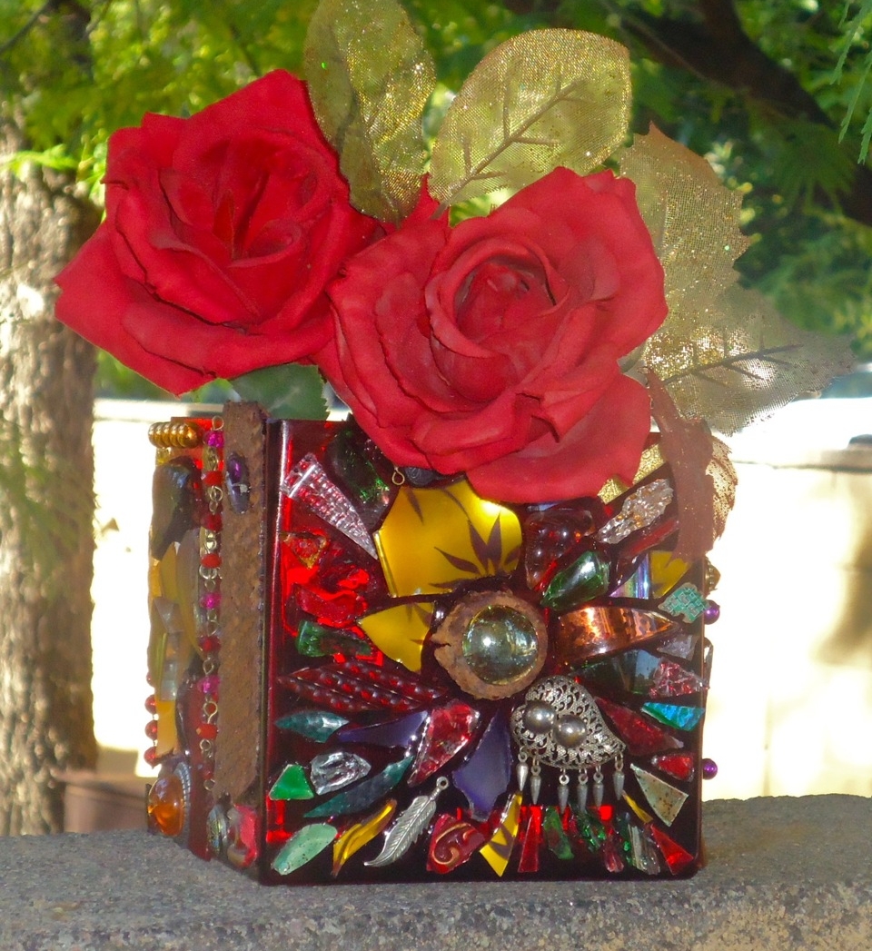 "Red Square Mosaic Vase" mixed media, 5" square 