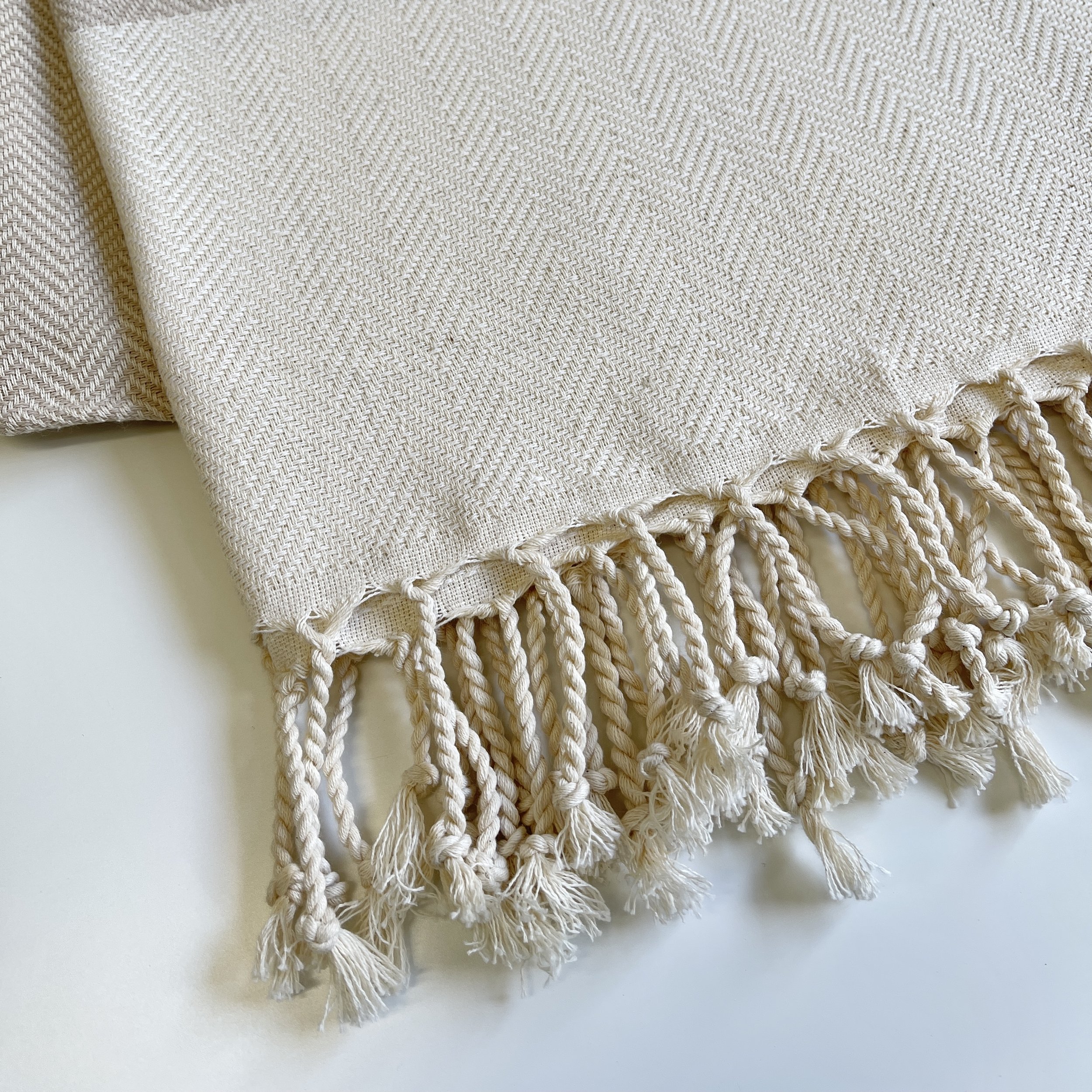 Beige Herringbone Turkish Cotton Towel fringe