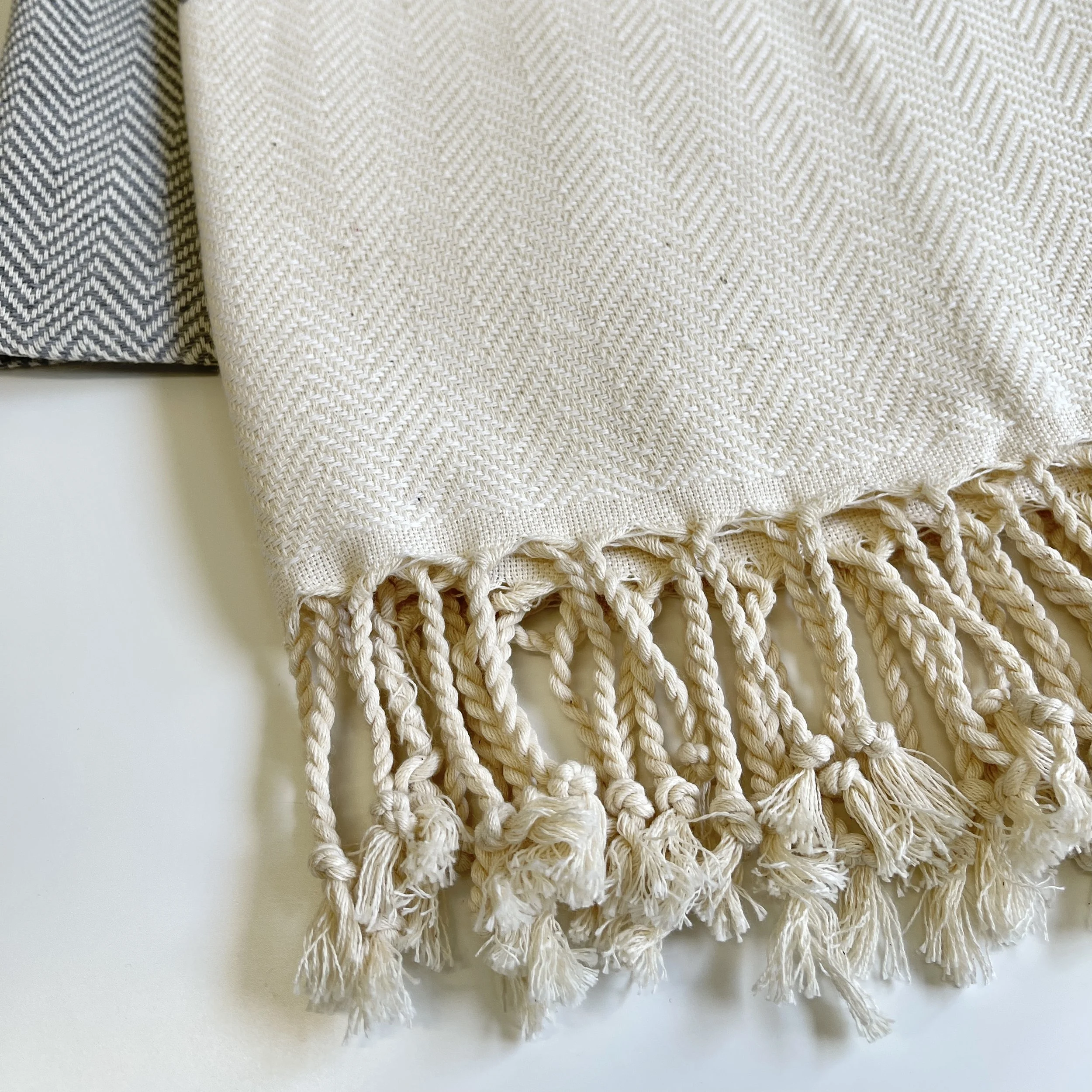 Gray Herringbone Turkish Cotton Towel fringe