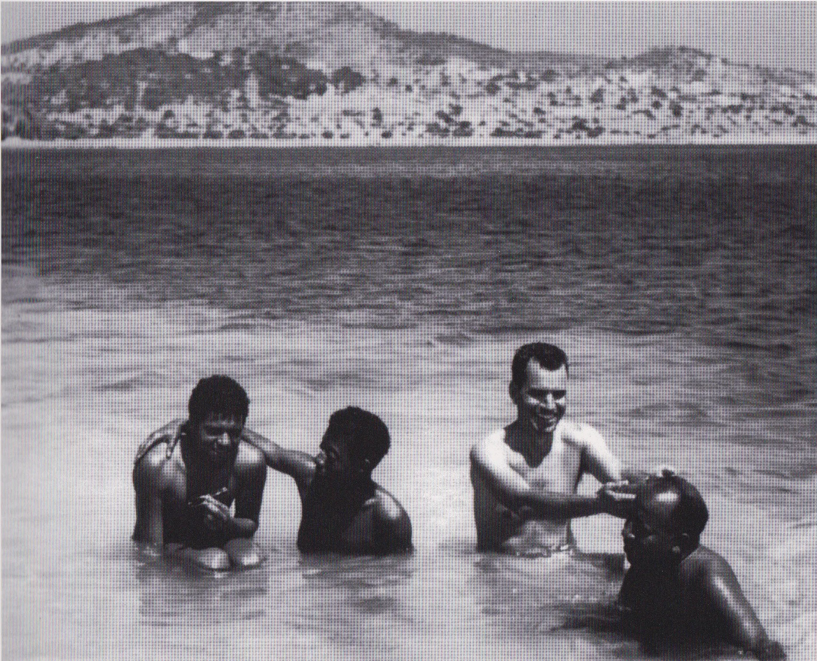 Photograph by Leslie Schenk of (l-r), “Arnold”, James Baldwin, Lawrence Calcagno, and Beauford Delaney in Ibiza, Spain, 1956. Courtesy of David Leeming, and illustrated in, An Artistic Friendship: Beauford Delaney and Lawrence Calcagno.