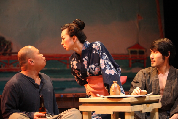 Viet Vo as Nishi, Kiyo Takam i as Yamamoto, and Bobby Foley as Aoki in Pan Asian Repertory 's production of Edward Sakamoto 's Fishing for Wives , directed by Ron Nakahara , at the Clurman Theatre at Theatre Row . (© John Quincy Lee )