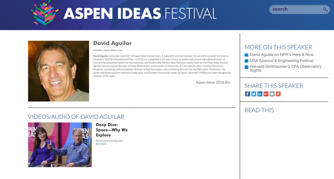 The Aspen Ideas Festival brought together astronomy experts to discuss "Space - Why We Explore". David kicks off this "deep dive" look to the stars. https://www.aspenideas.org/speaker/david-aguilar