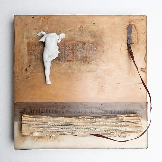 All these book parts calling to me lately. A few weeks ago, I received a bunch of old books. I took them apart and now piecing together in a new way. 20x20cm on wood. (Available)