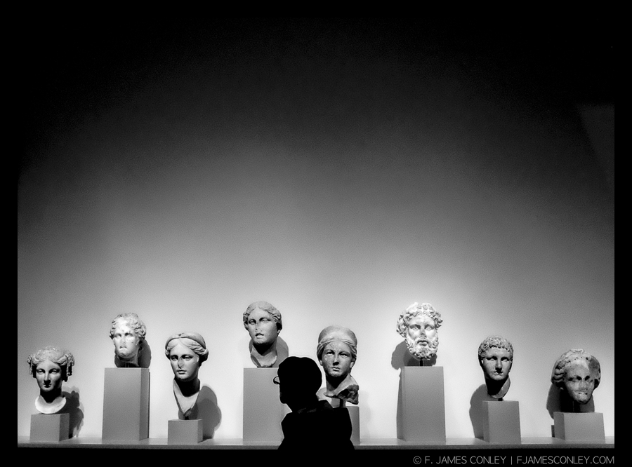  A museum visitor examines a row of busts. 