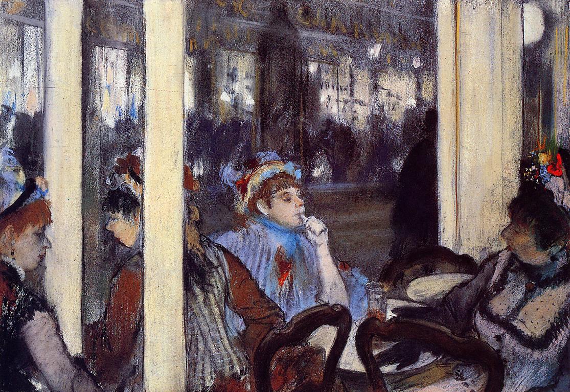 Women on a cafe terrace in the evening.