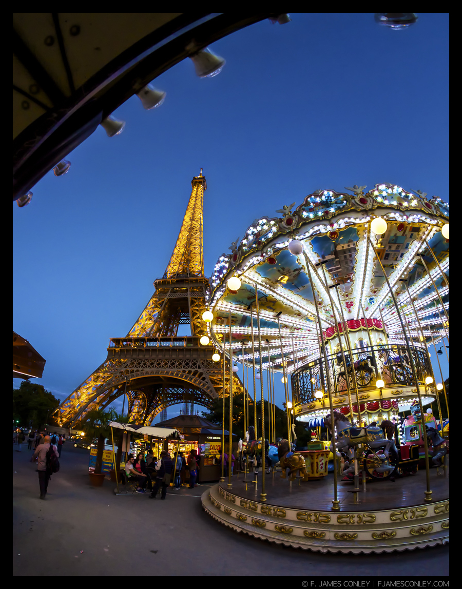 The Eiffel Tower at dusk.