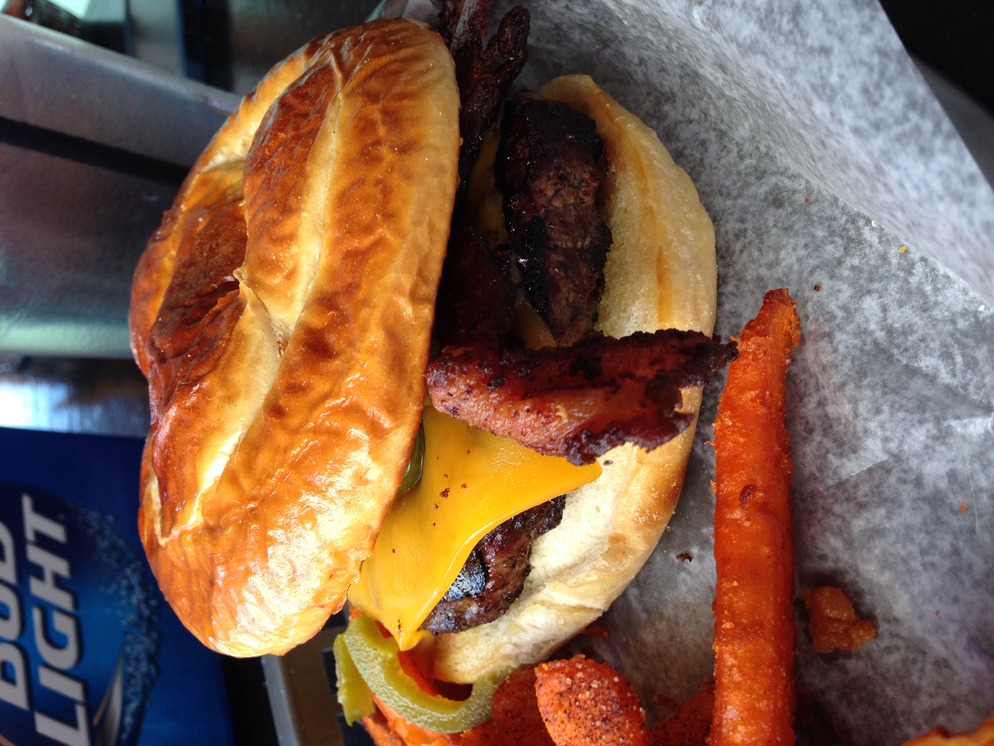 Look at that (pretzel) bun! - The "Red Adair" fire-hot burger at The Refinery Burgers & Whiskey