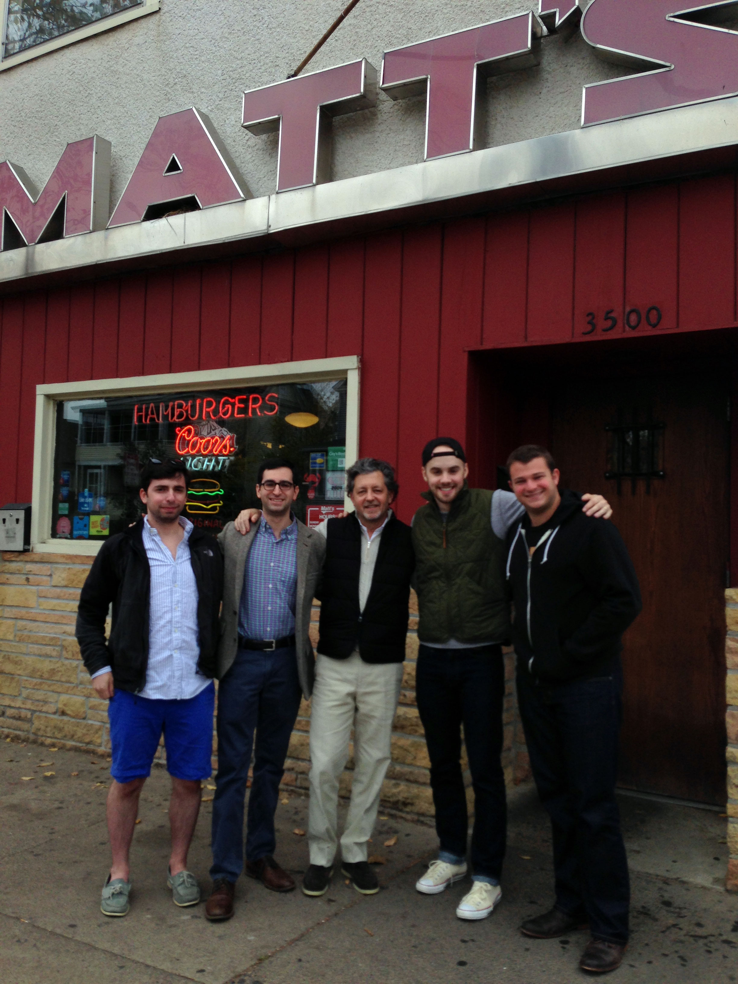 One last fling - Post lunch photo with my nephew, his dad, his brother-in-law and his buddies on his Wedding Weekend in Minneapollis. He tied the knot the next day. Congrats Aaron and Margaret!