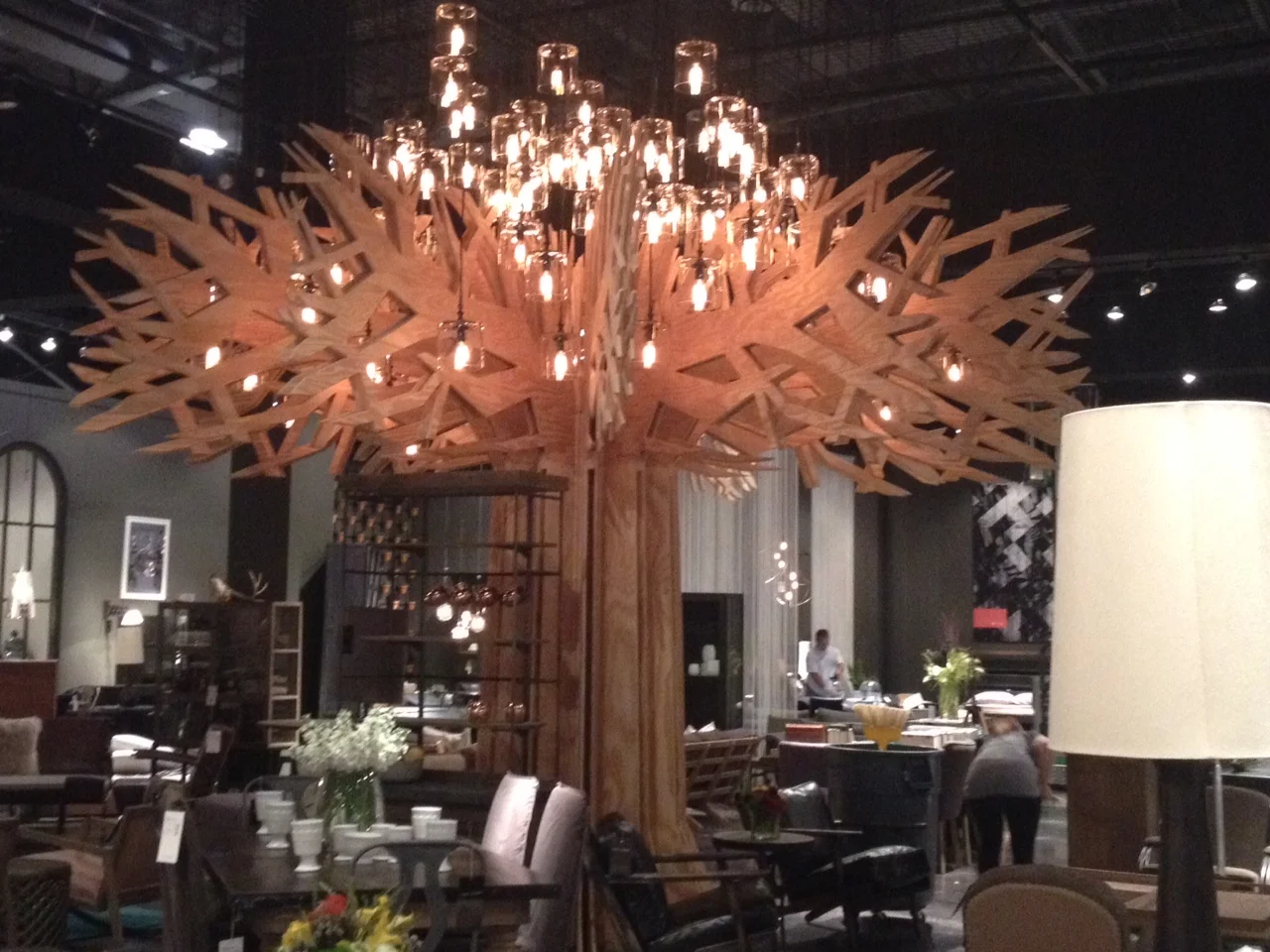  17 foot high tree with 24 branches, 20 foot width with 106 lights suspended above and within. Designed &amp; built by Sparks Mill Works for Four Hands Las Vegas Furniture Showroom. Created entirely from plywood. 
