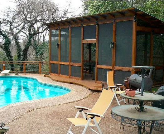  Tarrytown, Austin screened patio. Screens on all sides are removable for care and cleaning. A large sliding barn door glides open quietly and adds design appeal. Lighting, wiring for outdoor speakings, and fans inside. 