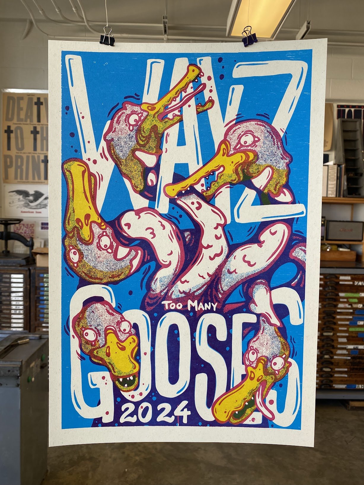 Relief-printed festival poster created for Wayzgoose 2024 at the Hamilton Wood Type & Printing Museum, an annual celebration of letterpress printing and typographic craft.