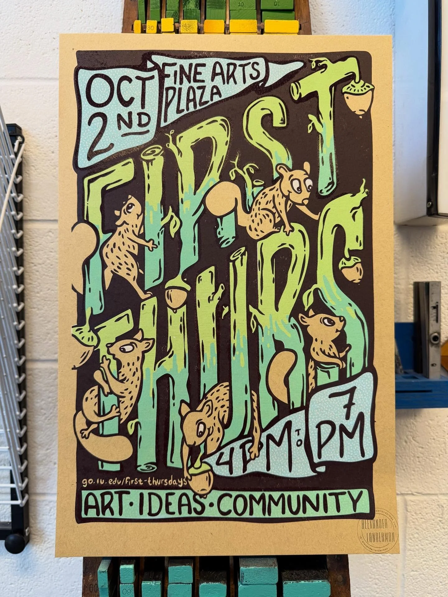 This coming Thursday is the October First Thursday! 

Come hang out, eat snacks, look at art, and maybe catch a glimpse of one of our cute cute cute IU squirrels. 

Thanks to the @iuahcouncil for commissioning the posters, be sure to swing by and tel