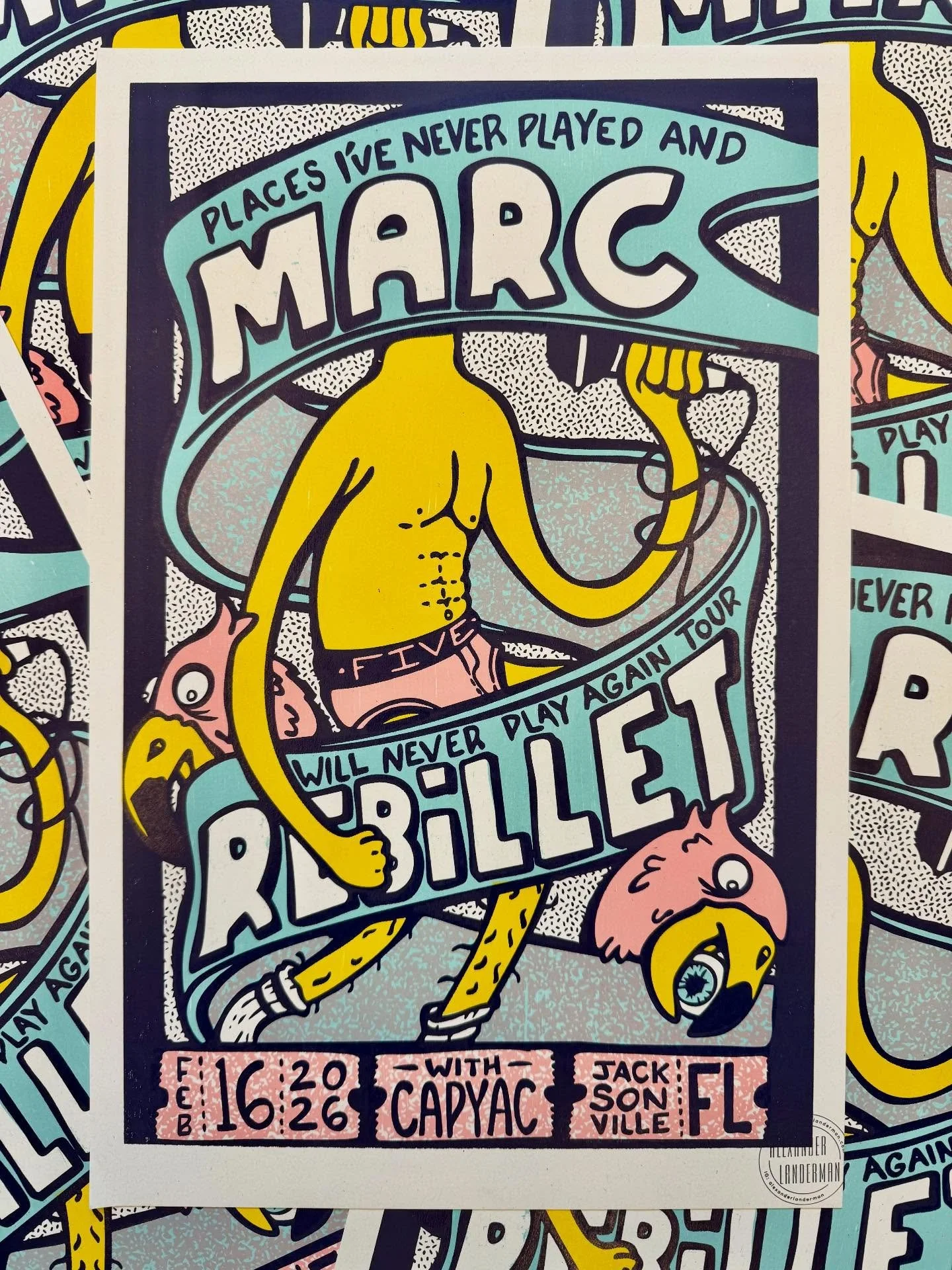Hope that everyone had fun at the @marcrebillet show last weekend! Very much enjoyed making this poster and I hope y&rsquo;all dig it too! 

Thanks to the @5jacksonville venue and @ridinhighproductions for the work. Always thrilled to pull some print
