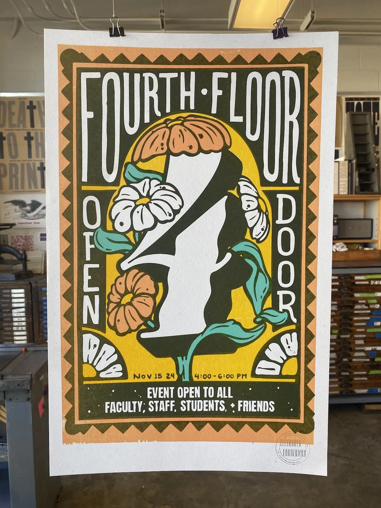 Relief-printed event poster created for the Fourth Floor Open Door faculty event at the Eskenazi School of Art, Architecture + Design, providing public access to faculty studios and work.