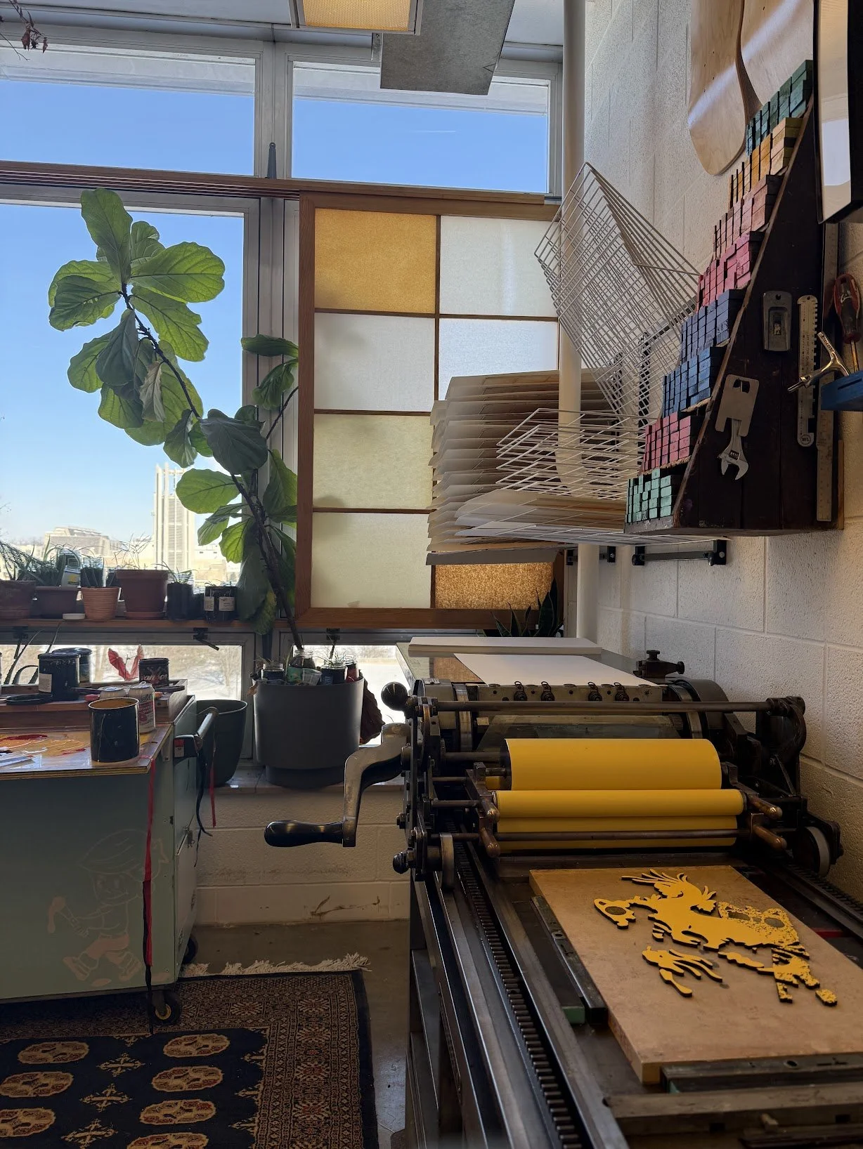 Letterpress printing press set up in a working studio in Bloomington, Indiana.