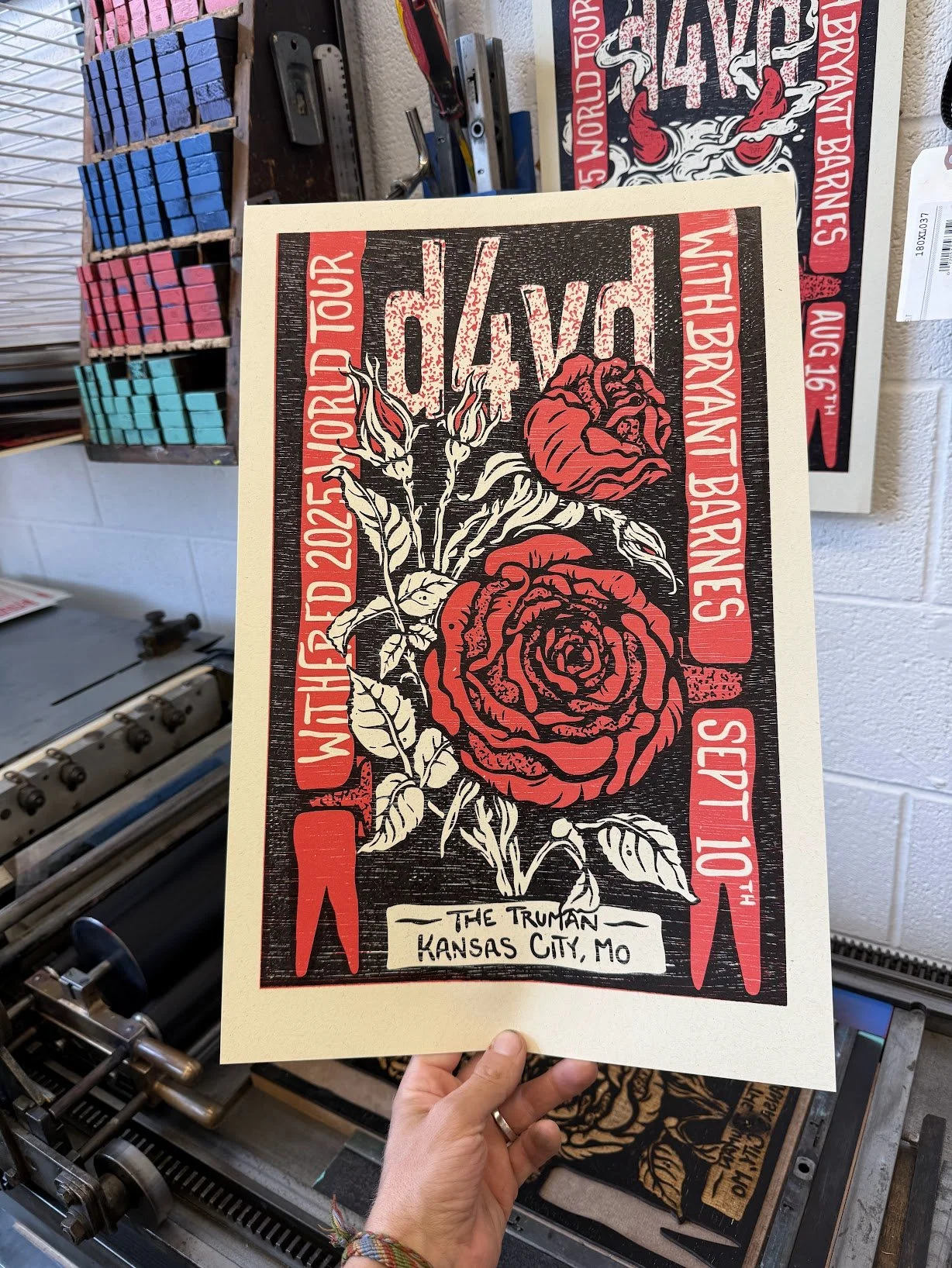 Hand-printed letterpress concert poster created for d4vd tour dates