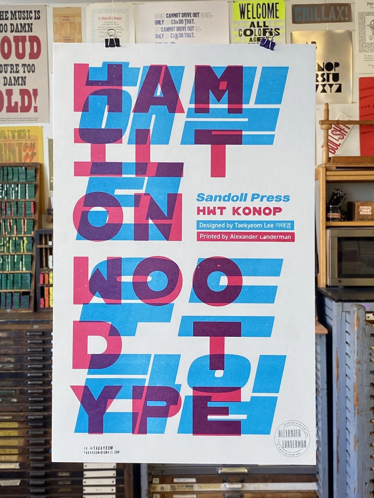 Relief-printed event poster created for a talk by Taekyom Lee at Wayzgoose 2024, presented by the Hamilton Wood Type & Printing Museum.