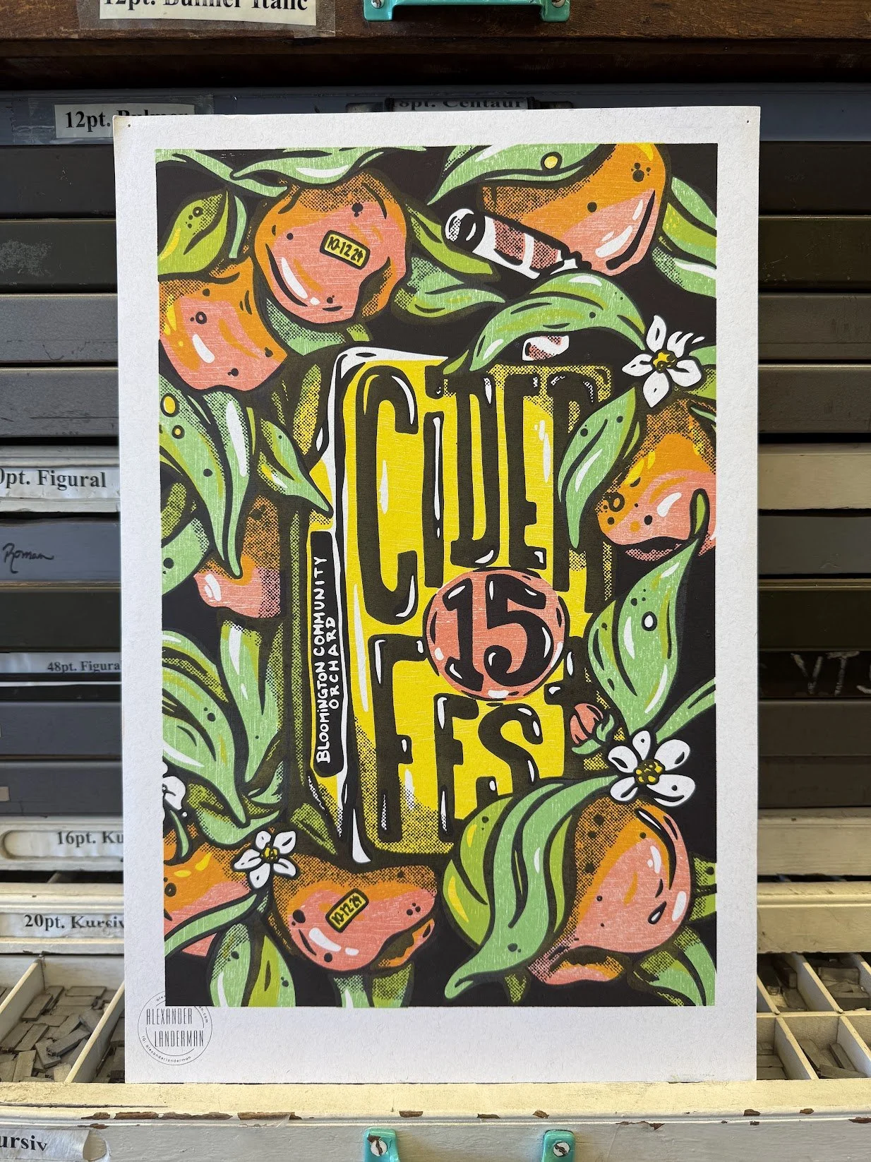Hand-printed letterpress poster created as branded merchandise for the Bloomington Community Orchard, supporting the organization’s visual identity and community-based food education efforts.