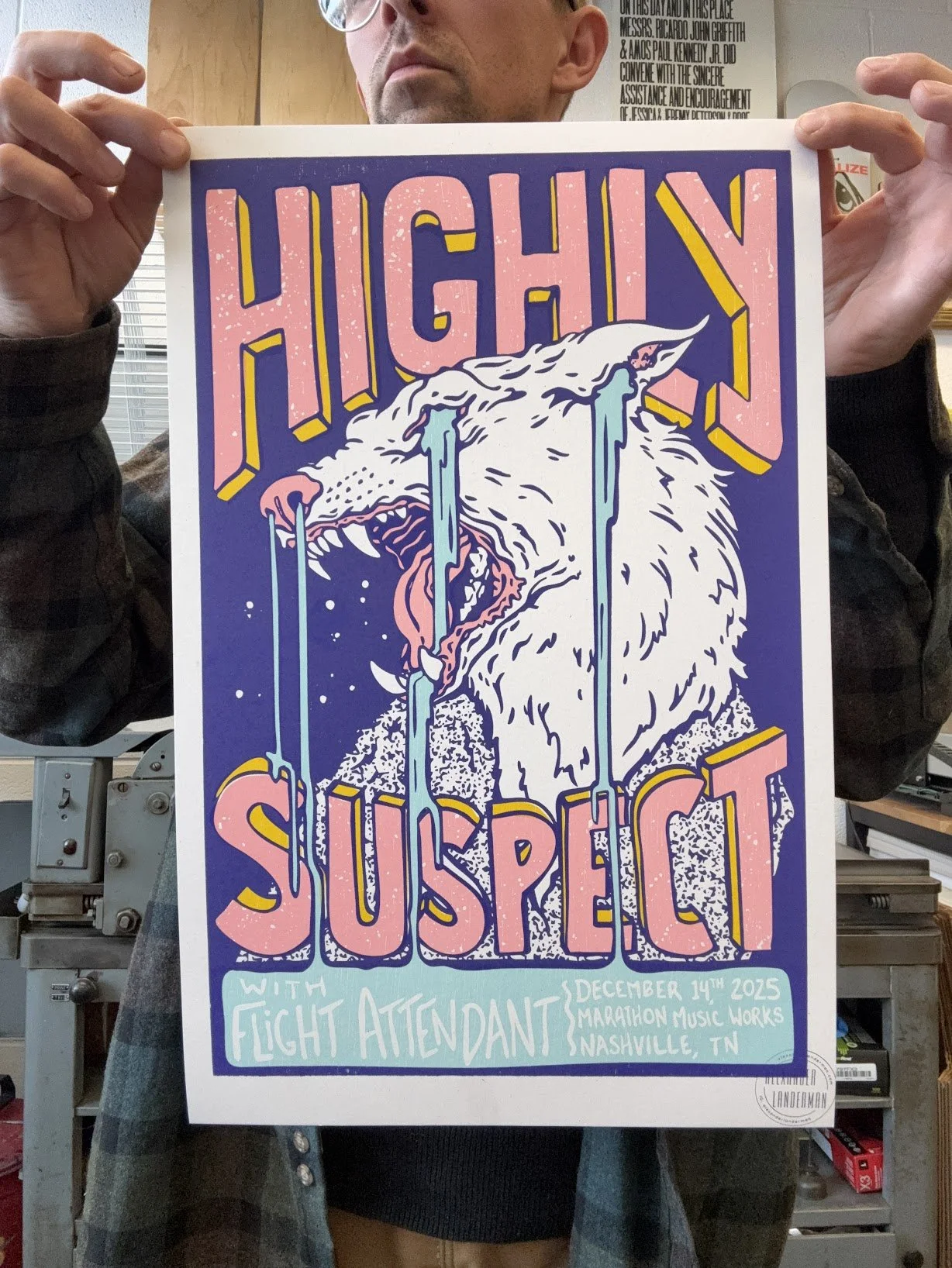 Letterpress concert poster designed and printed for Highly Suspect