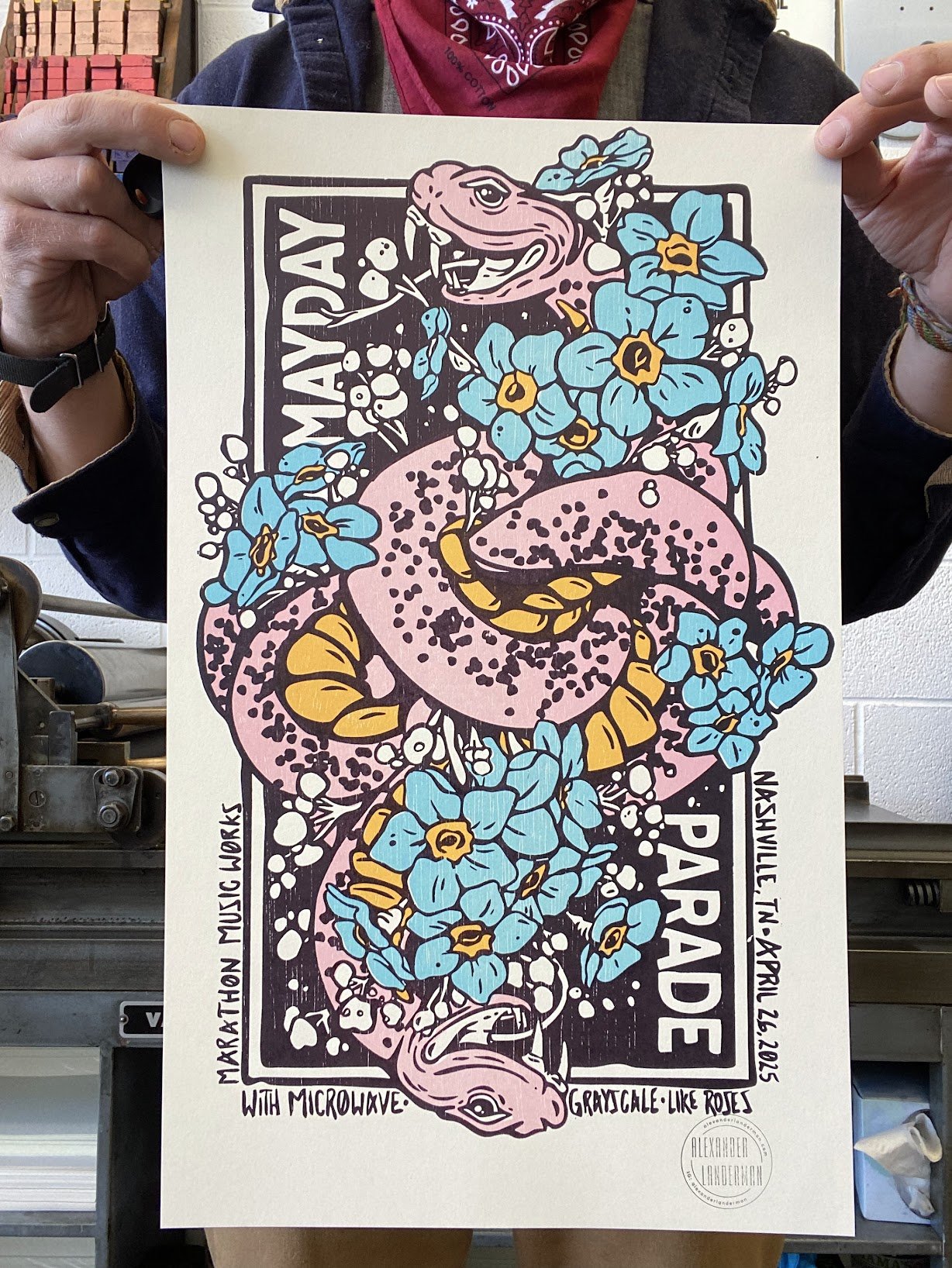 Hand-printed letterpress concert poster made for Mayday Parade live shows