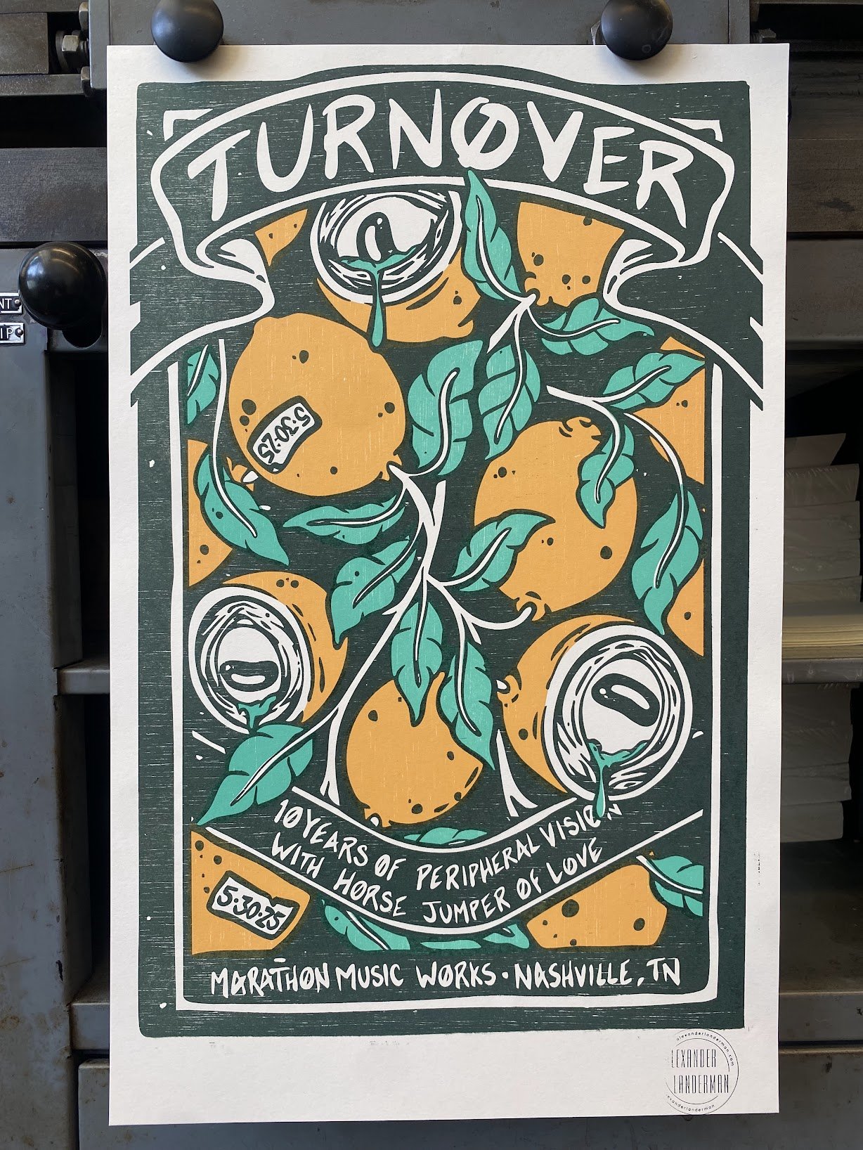 Relief-printed letterpress show poster created for Turnover
