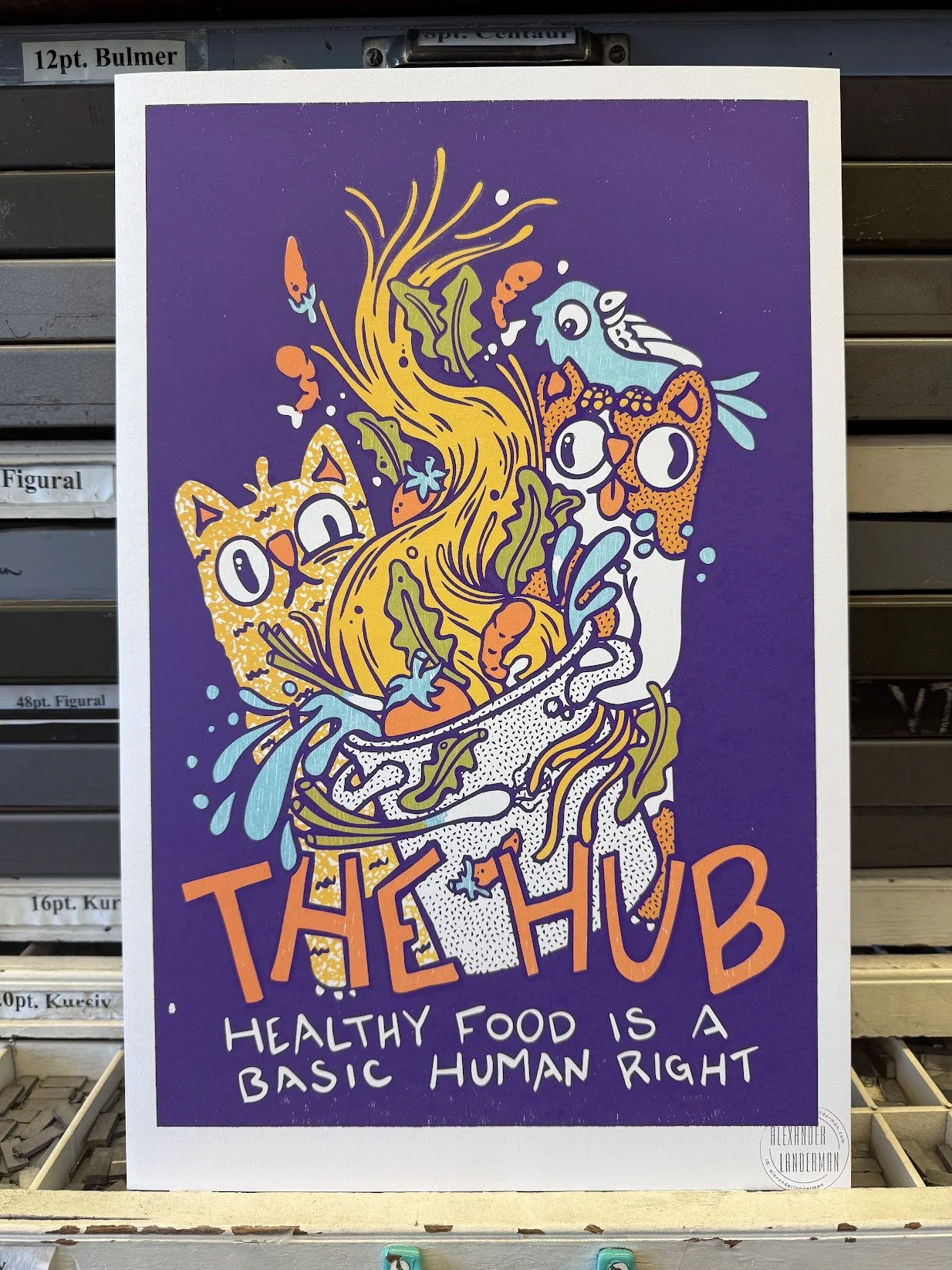 Hand-printed letterpress poster created as branded merchandise for Mother Hubbard’s Cupboard, supporting the organization’s visual identity and community food access mission.