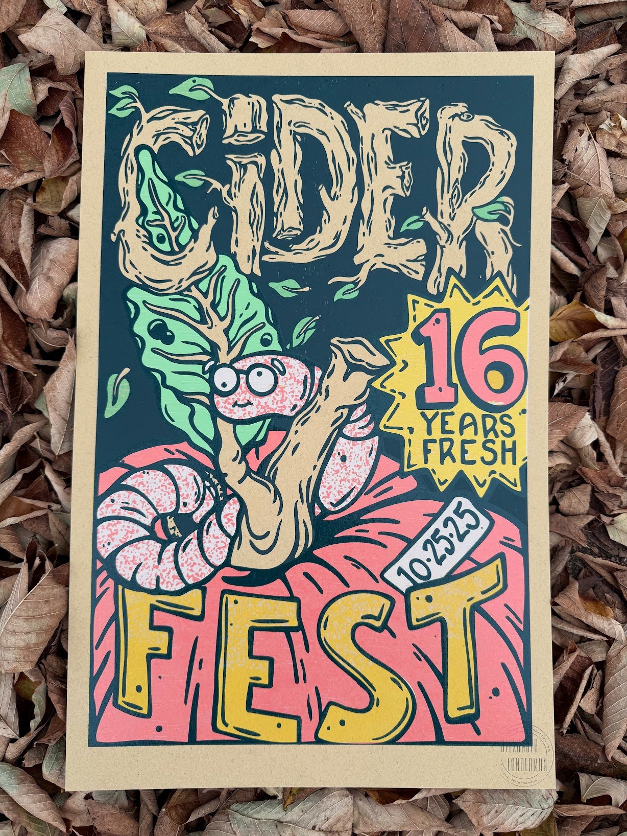 Relief-printed festival poster created for the Cider Festival hosted by the Bloomington Community Orchard, a seasonal community event celebrating local food and gathering.