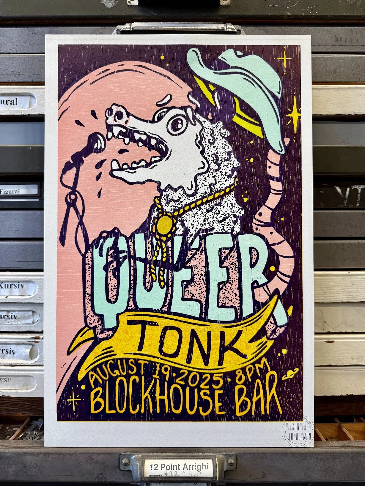 Relief-printed event poster created for Queer Tonk, highlighting queer musicians at Block House Bar.