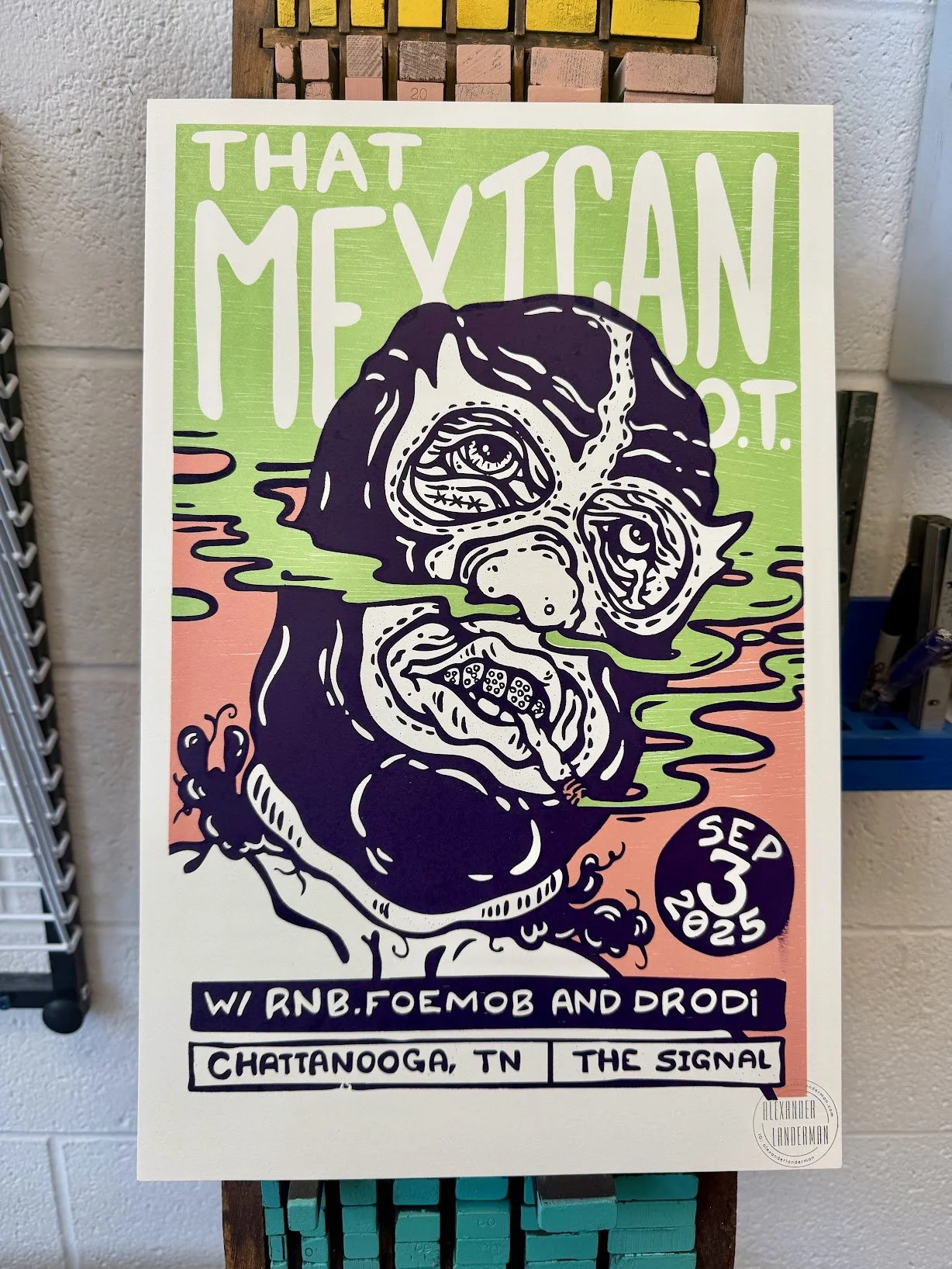 Letterpress concert poster designed and printed for That Mexican OT