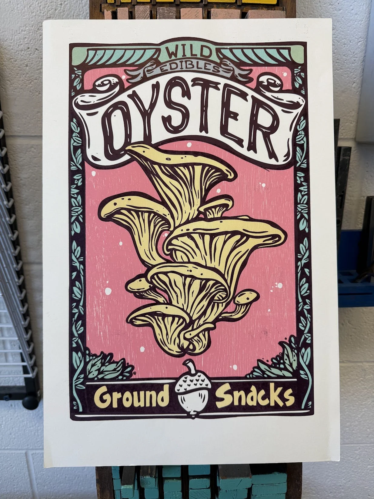 Relief-printed oyster mushrooms study designed and printed by hand as part of an ongoing personal printmaking practice.