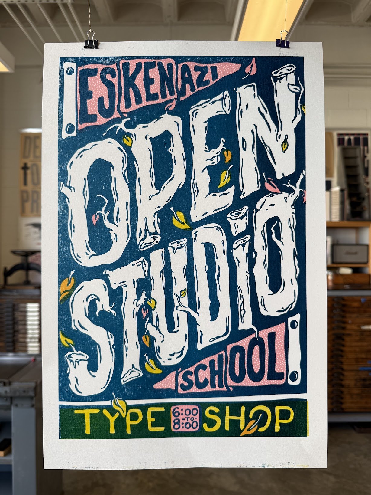 Relief-printed event poster created for Open Studios at the Eskenazi School of Art, Architecture + Design, a public-facing event highlighting studio work and campus engagement.